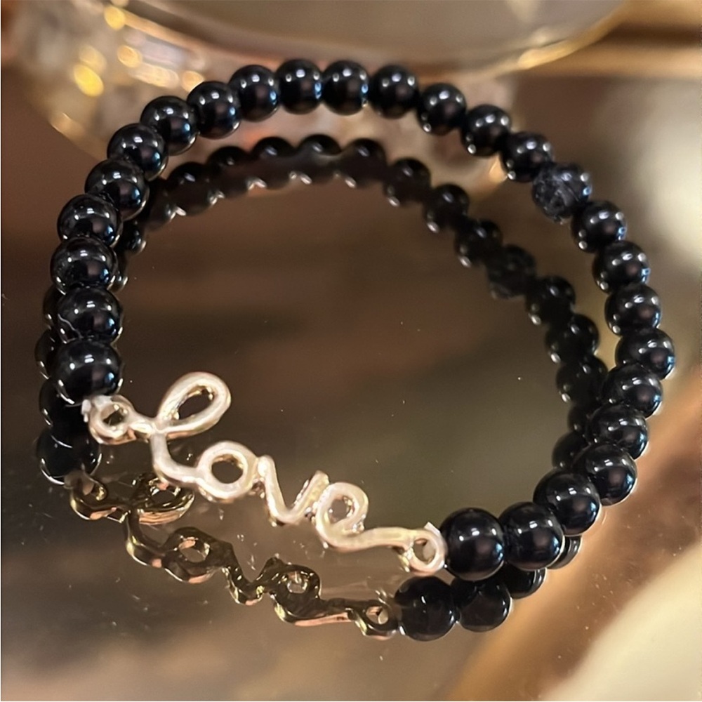 Black Beaded Love Stretch Bracelet